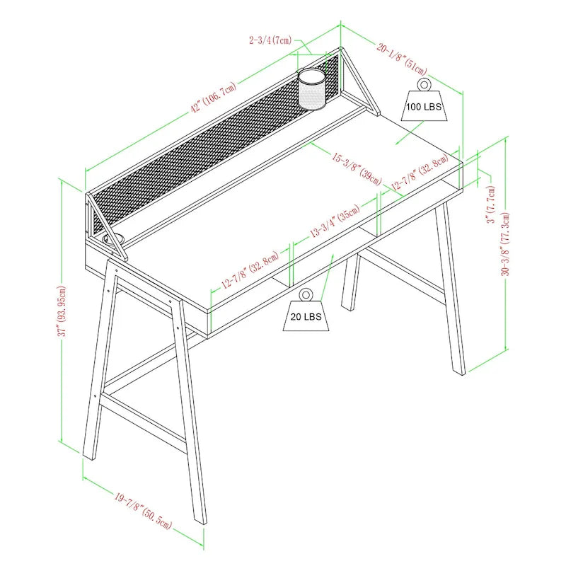 42-inch industrieel schrijfbureau met geperforeerde achterkant en opbergvakken