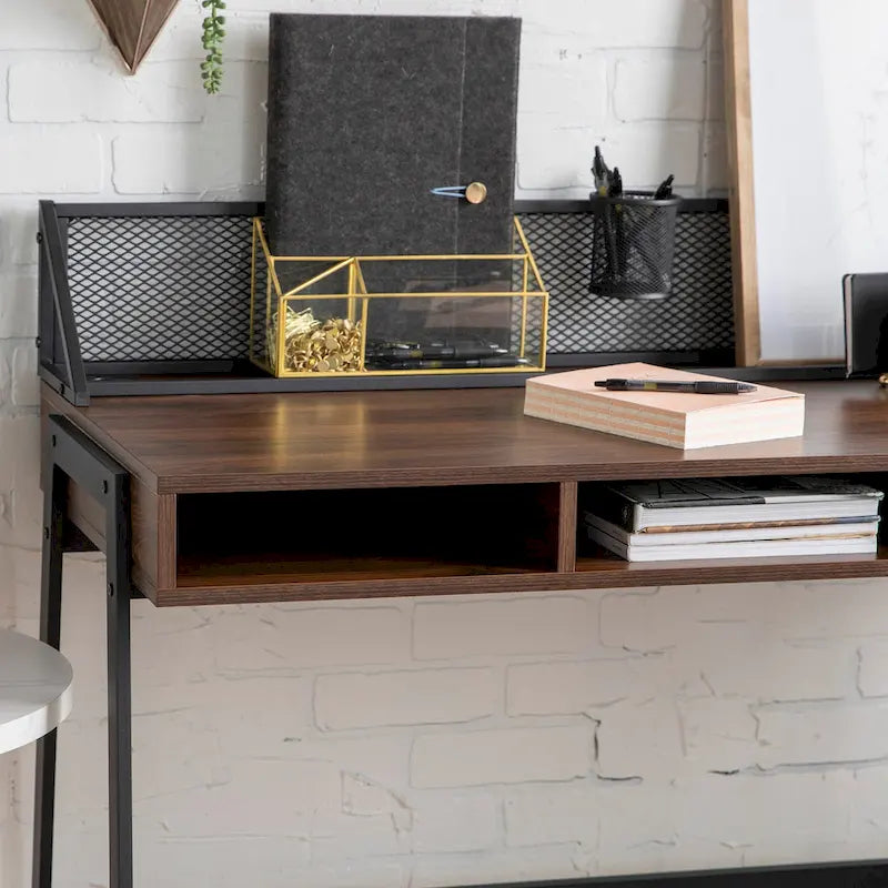 42-inch industrieel schrijfbureau met geperforeerde achterkant en opbergvakken