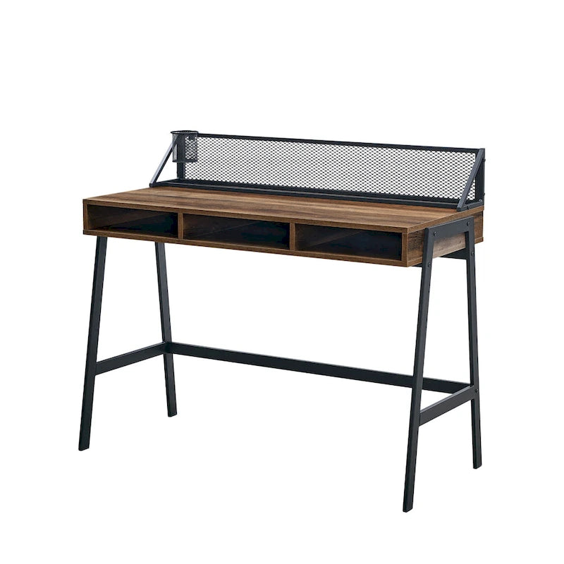 42-inch industrieel schrijfbureau met geperforeerde achterkant en opbergvakken