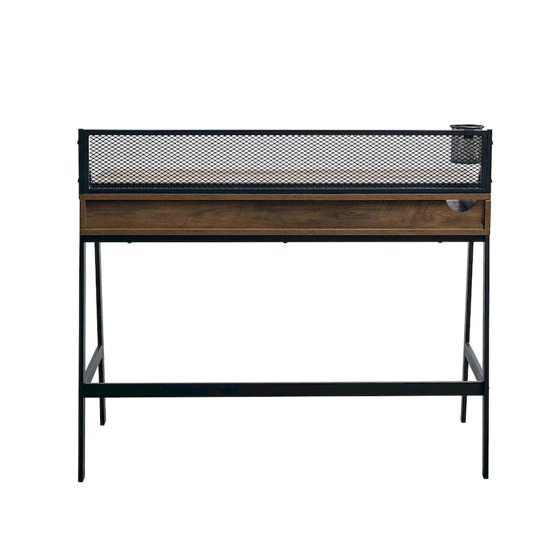 42-inch industrieel schrijfbureau met geperforeerde achterkant en opbergvakken