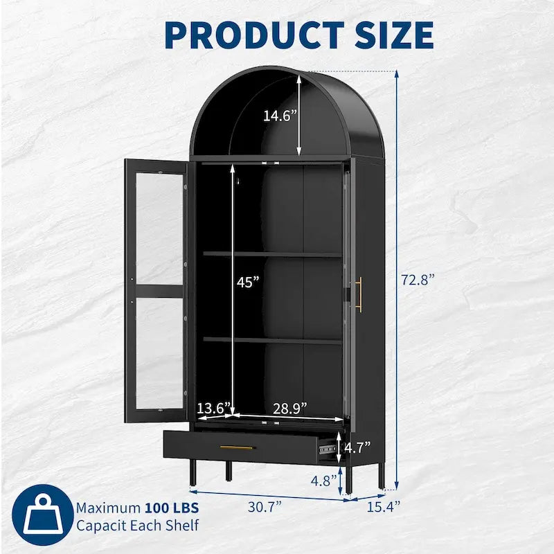 73 inch Hoge Metalen Boogkast met Glazen Deuren en 2 Verstelbare Planken