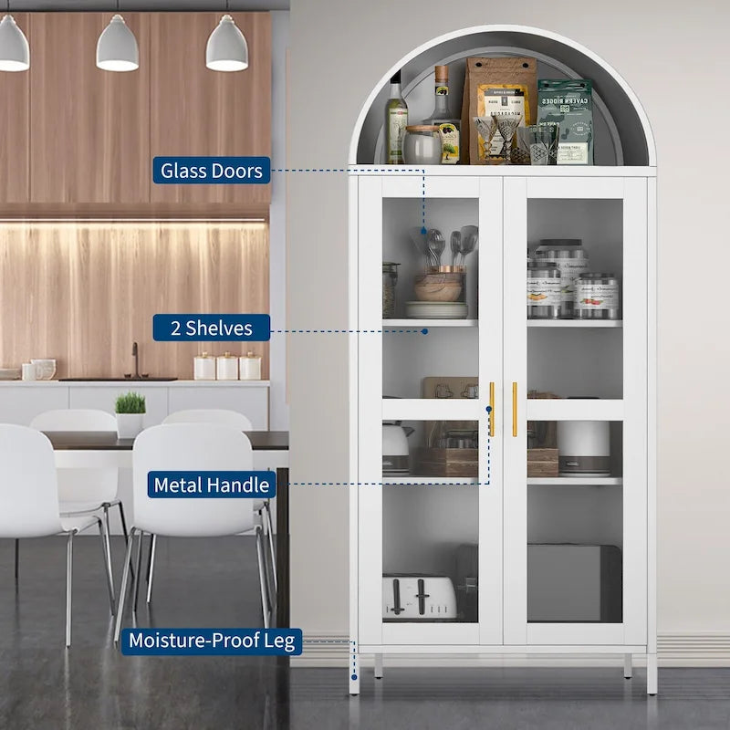 73 inch Hoge Metalen Boogkast met Glazen Deuren en 2 Verstelbare Planken