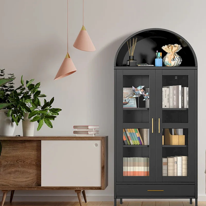 73 inch Hoge Metalen Boogkast met Glazen Deuren en 2 Verstelbare Planken
