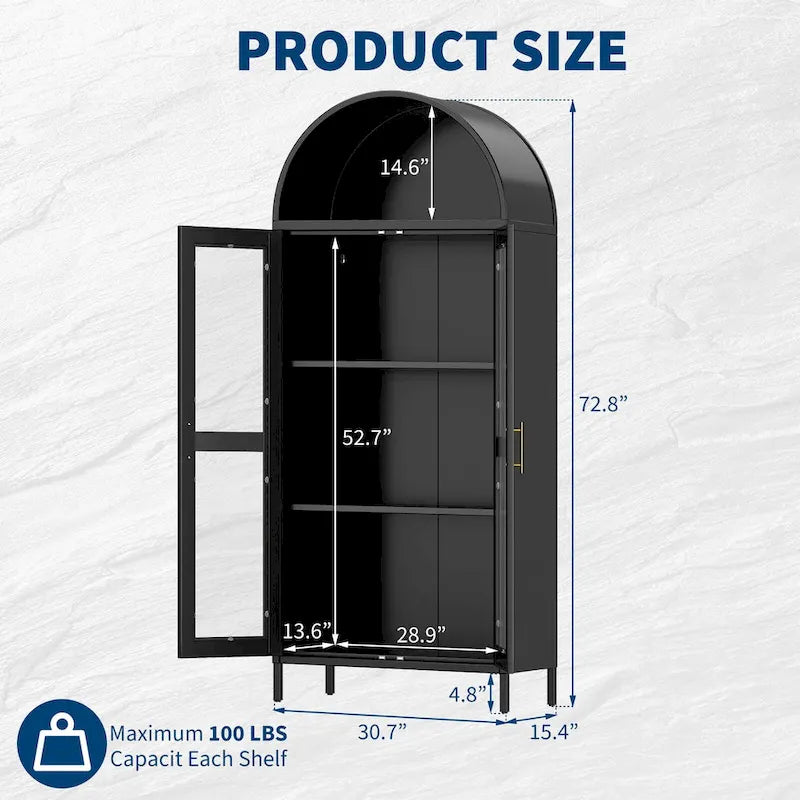 73 inch Hoge Metalen Boogkast met Glazen Deuren en 2 Verstelbare Planken