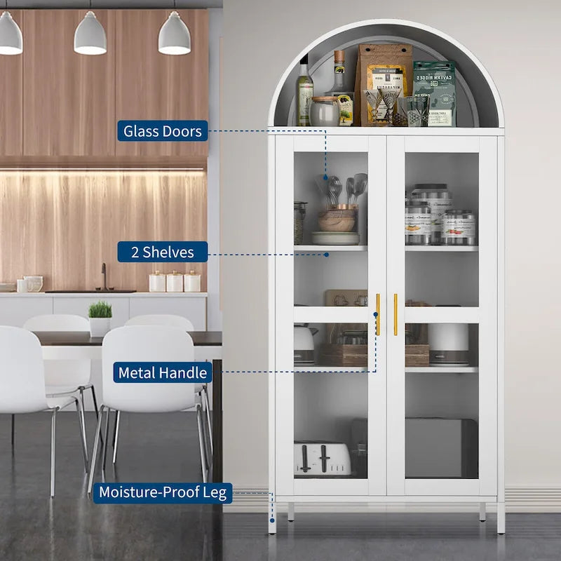 73 inch Hoge Metalen Boogkast met Glazen Deuren en 2 Verstelbare Planken