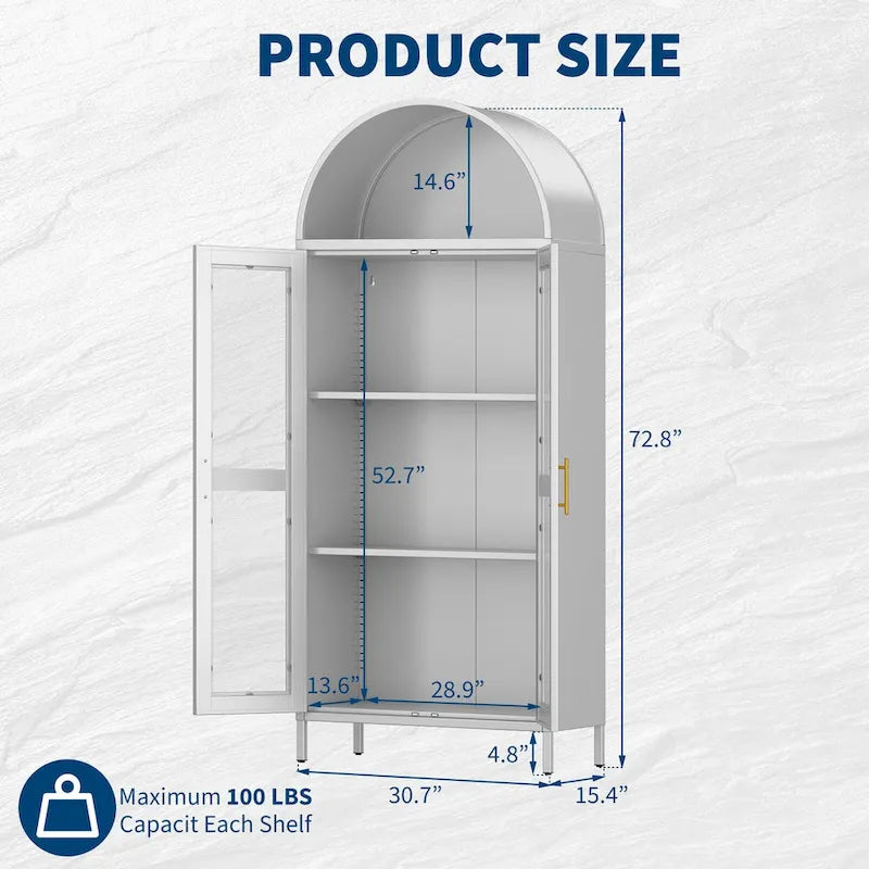 73 inch Hoge Metalen Boogkast met Glazen Deuren en 2 Verstelbare Planken