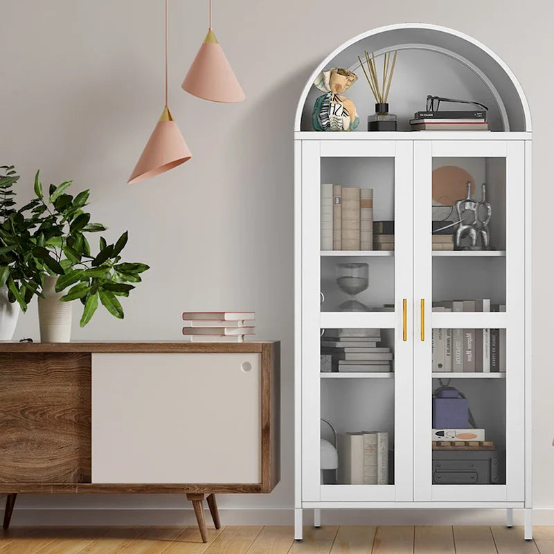 73 inch Hoge Metalen Boogkast met Glazen Deuren en 2 Verstelbare Planken