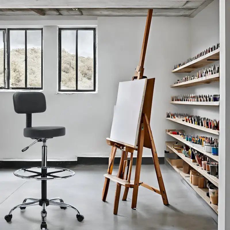 In hoogte verstelbare tekenkruk met kunstleren zitting en zwenkwielen