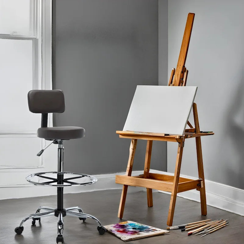 In hoogte verstelbare tekenkruk met kunstleren zitting en zwenkwielen