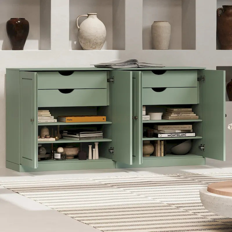 Massief houten dressoir van 163 cm met verhoogde paneeldeuren, 4 laden en verstelbare planken
