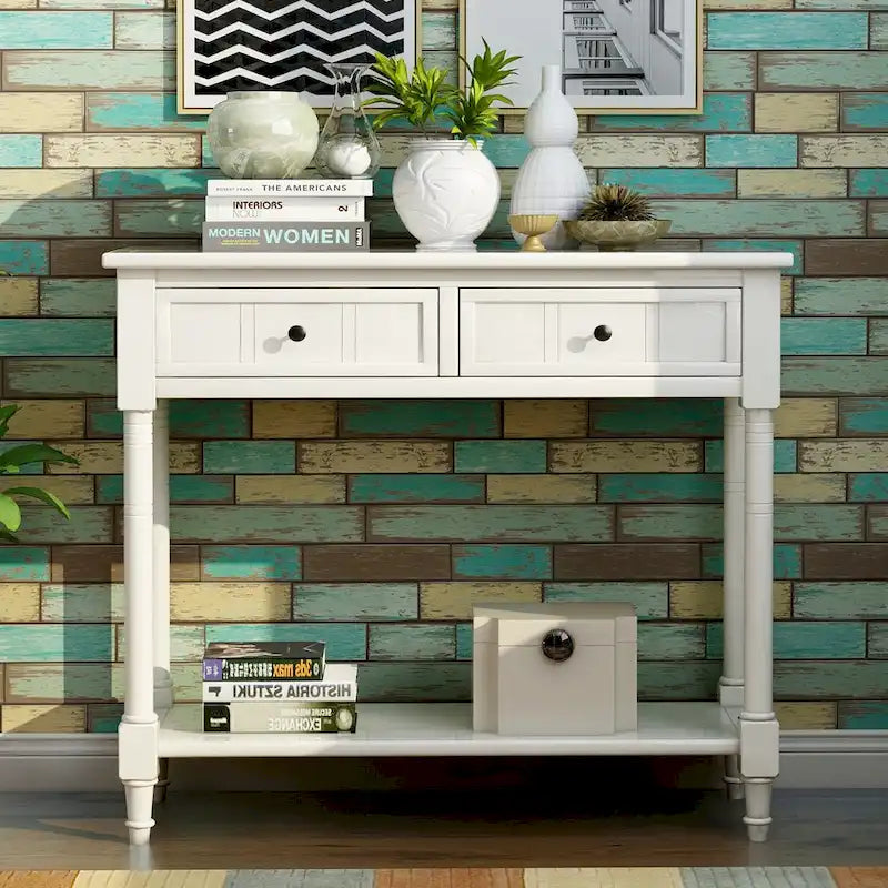 Houten consoletafel met twee laden en onderste plank