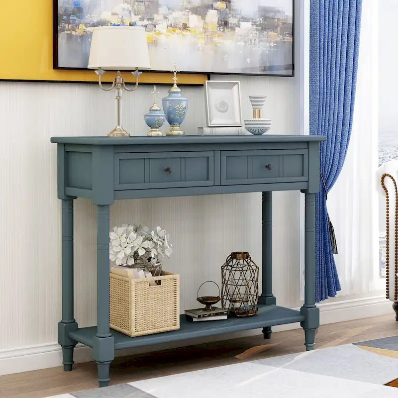 Houten consoletafel met twee laden en onderste plank