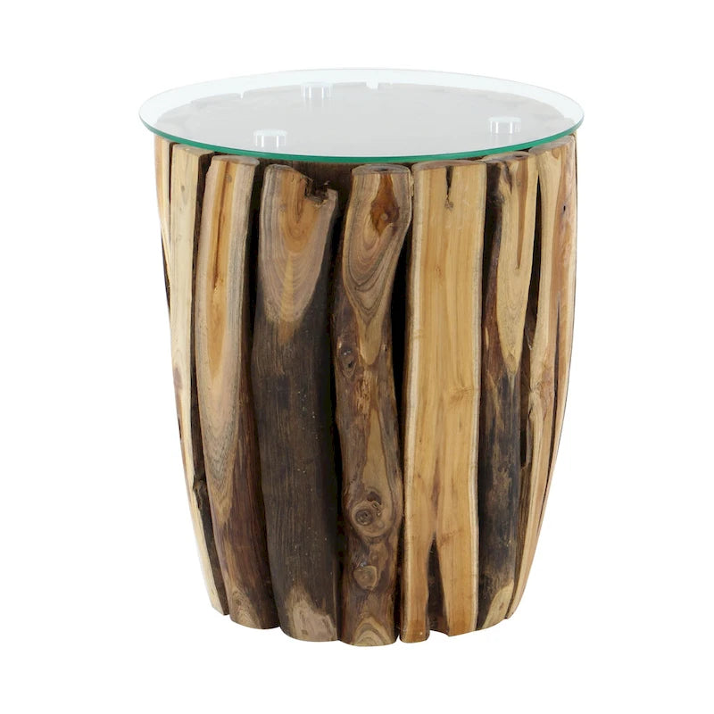 Handgemaakte Teakhouten Bijzettafel met Glazen Blad - Bruin - 40,6Bx40,6Lx45,7H cm