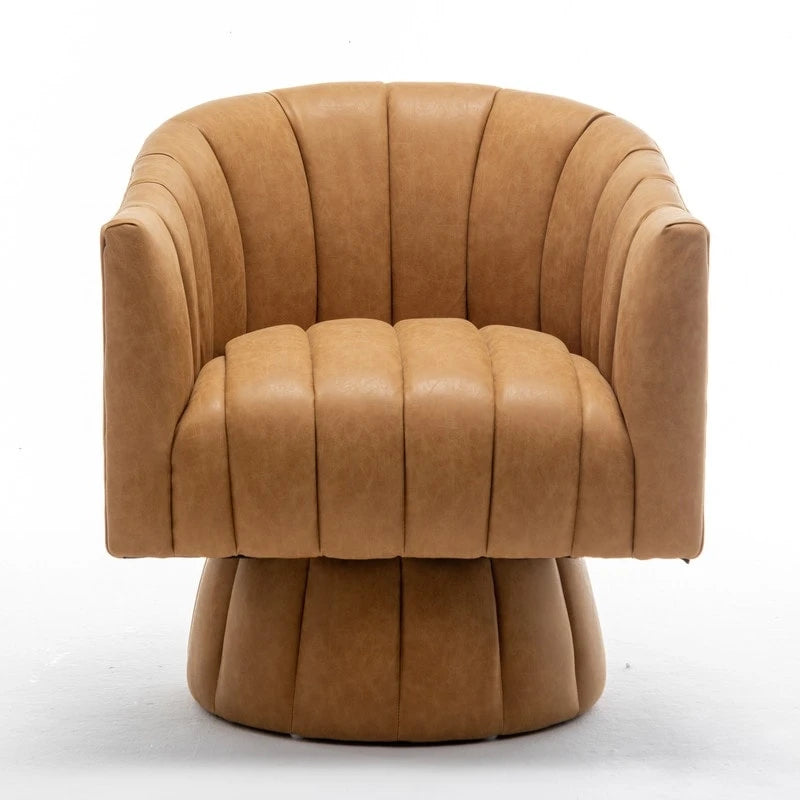 Mid-century draaibare ronde kuipstoel met knoopdetails van PU-leer