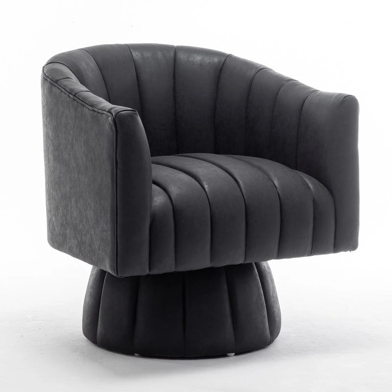 Mid-century draaibare ronde kuipstoel met knoopdetails van PU-leer