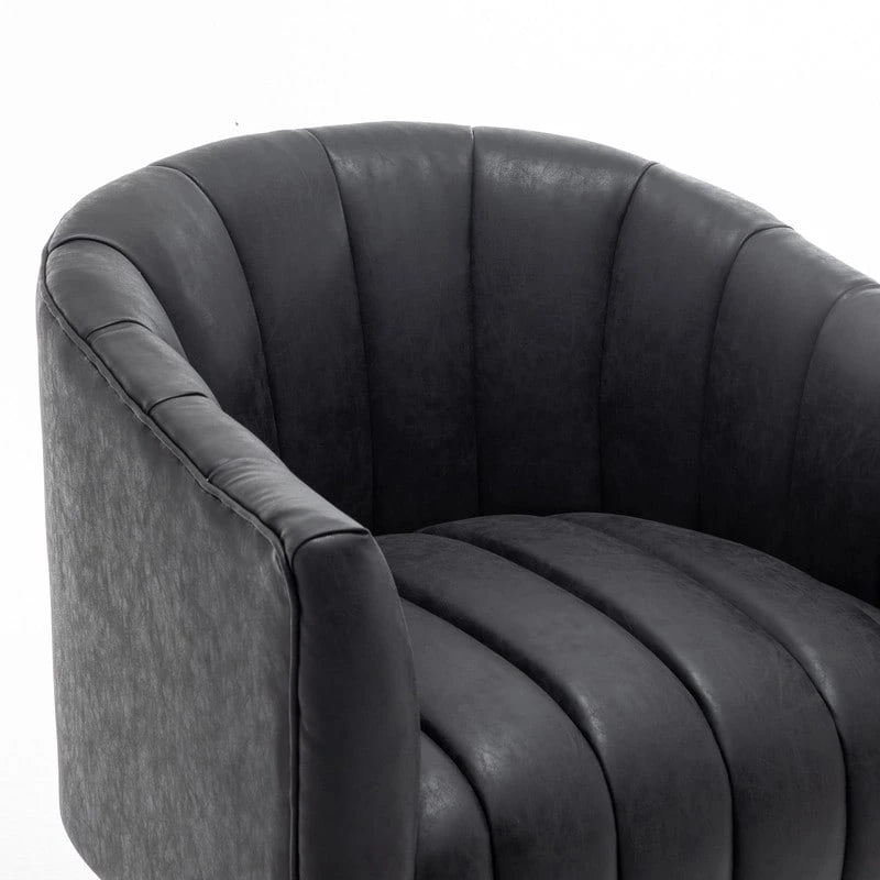 Mid-century draaibare ronde kuipstoel met knoopdetails van PU-leer