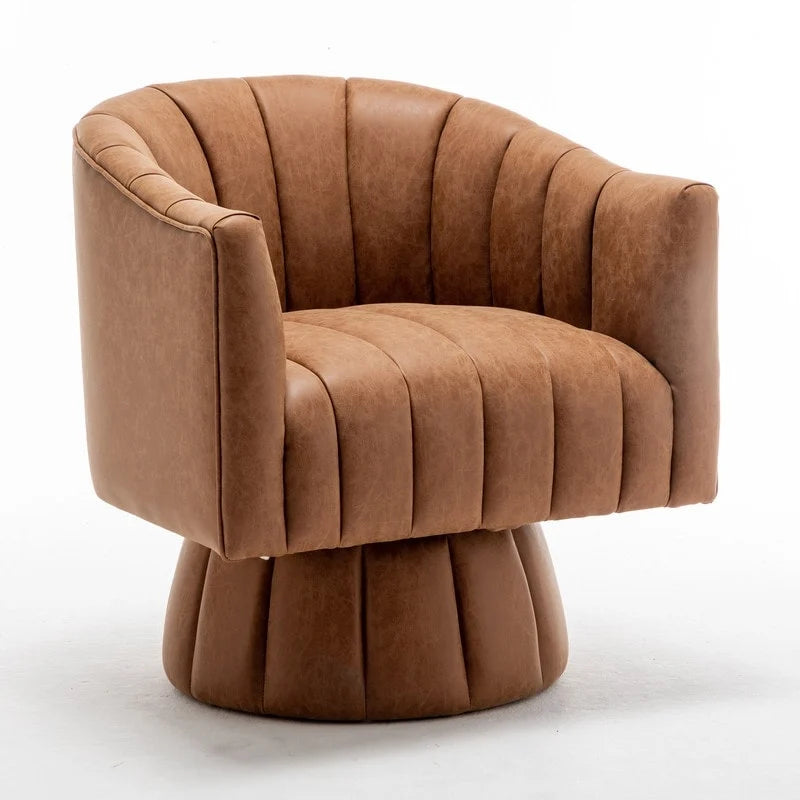 Mid-century draaibare ronde kuipstoel met knoopdetails van PU-leer
