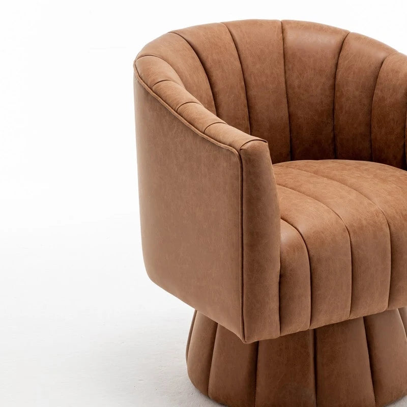Mid-century draaibare ronde kuipstoel met knoopdetails van PU-leer