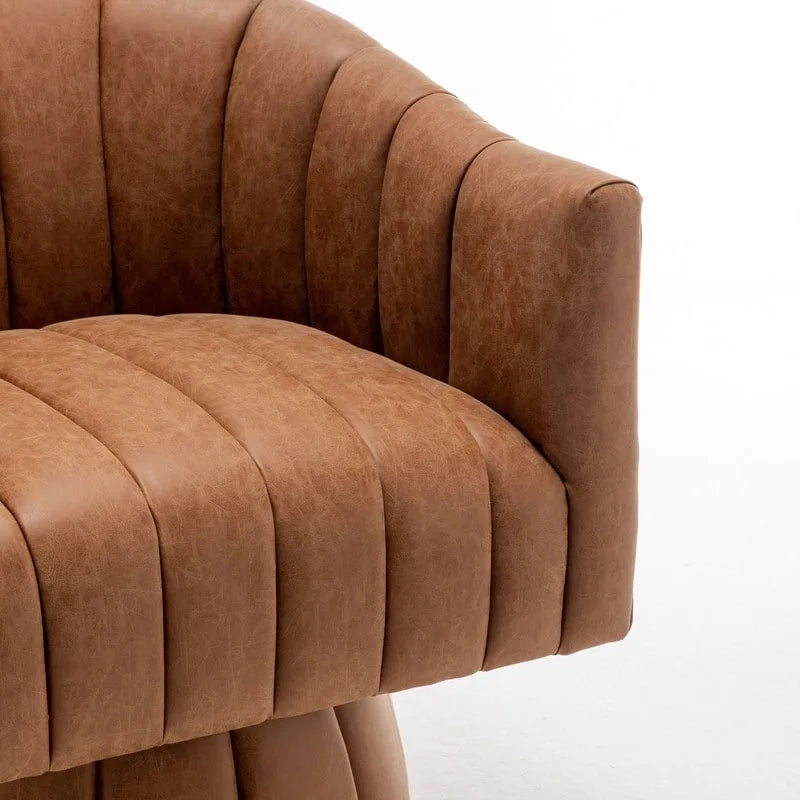 Mid-century draaibare ronde kuipstoel met knoopdetails van PU-leer