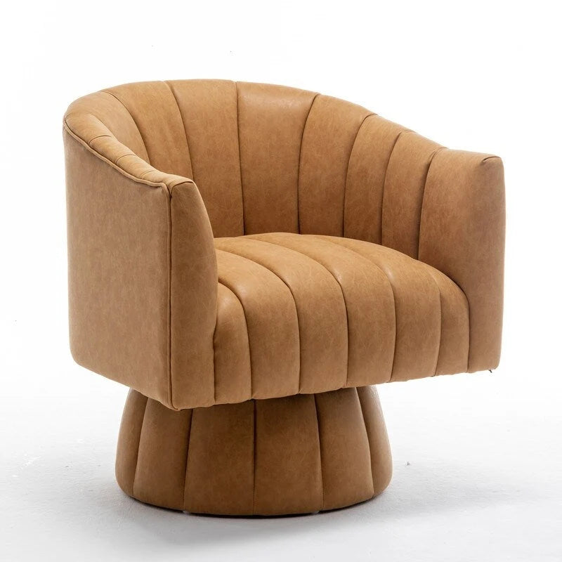 Mid-century draaibare ronde kuipstoel met knoopdetails van PU-leer