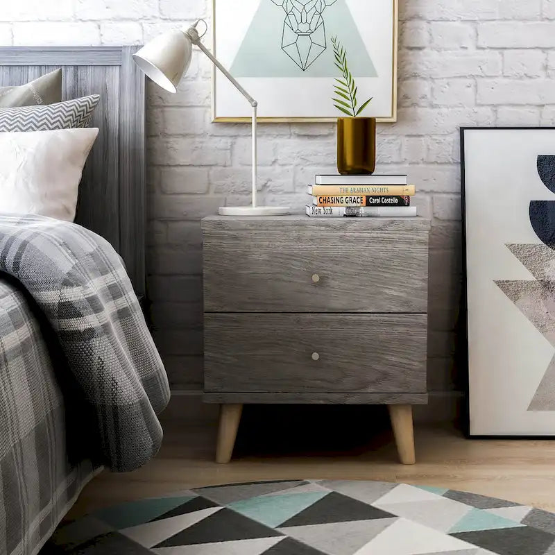 DH BASIC Mid-Century Modern Distressed Grey 2-Drawer Nightstand with Knobs by Denhour