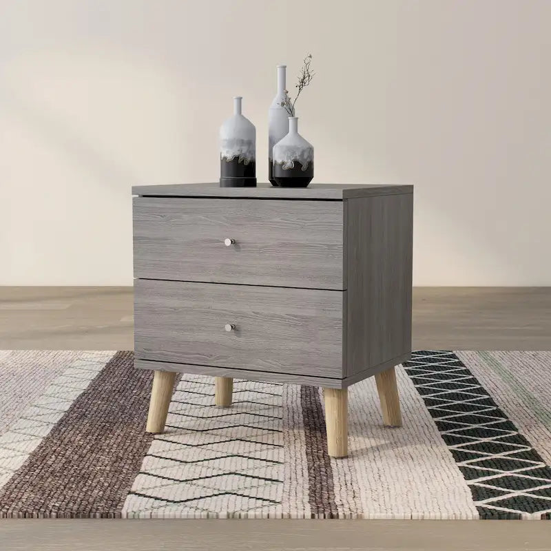 Mid-century modern nachtkastje met 2 lades in verweerd grijs met knoppen