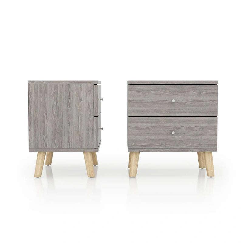 Mid-century modern nachtkastje met 2 lades in verweerd grijs met knoppen