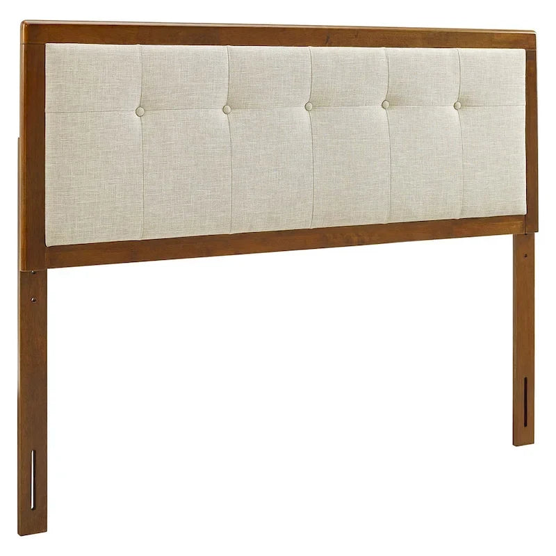 Beige stoffen gecapitonneerd houten kingsize hoofdbord