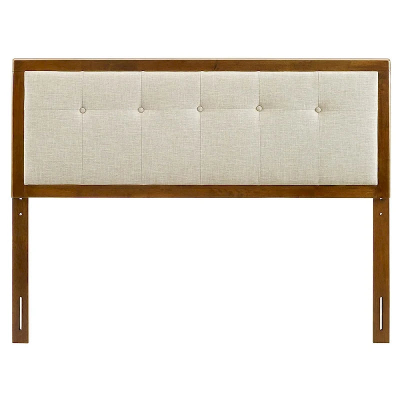 Beige stoffen gecapitonneerd houten kingsize hoofdbord