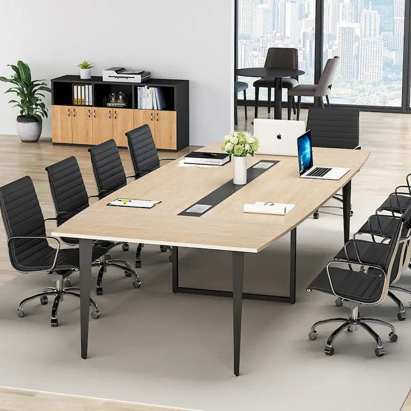 240 cm bootvormige vergadertafel met kabeldoorvoeren