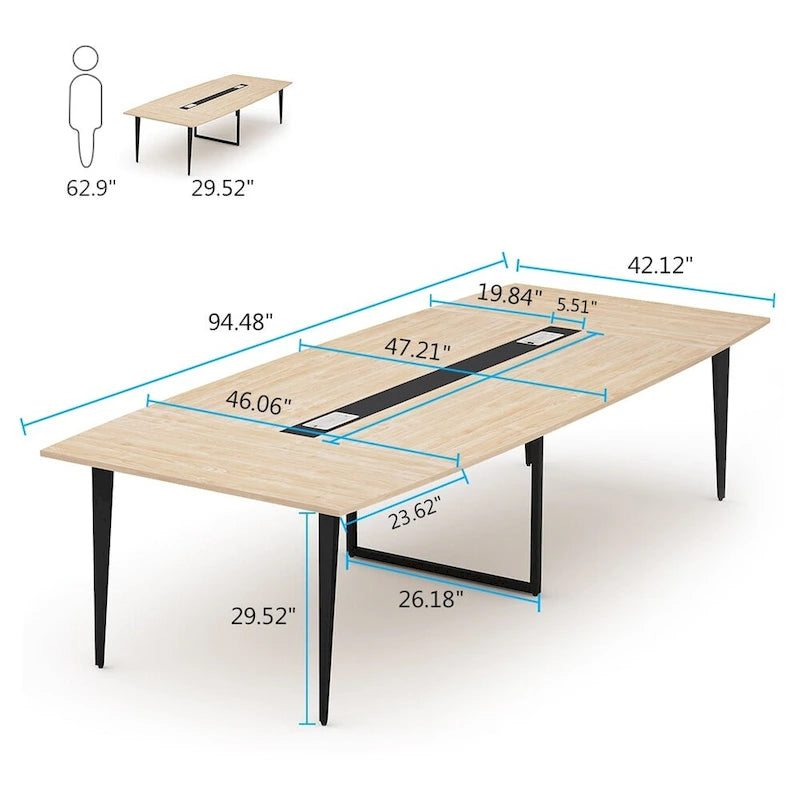 240 cm bootvormige vergadertafel met kabeldoorvoeren