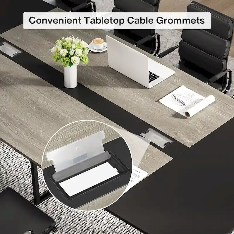 240 cm bootvormige vergadertafel met kabeldoorvoeren