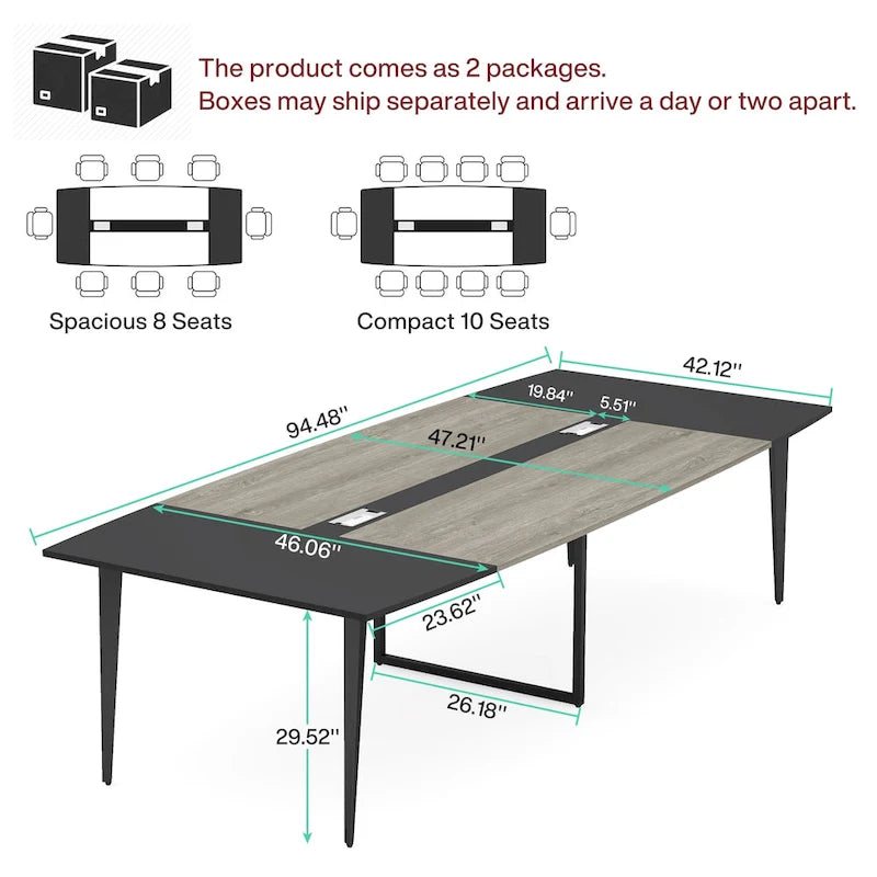 240 cm bootvormige vergadertafel met kabeldoorvoeren