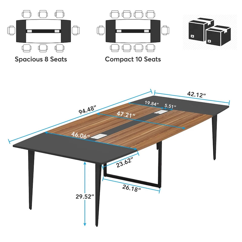 240 cm bootvormige vergadertafel met kabeldoorvoeren