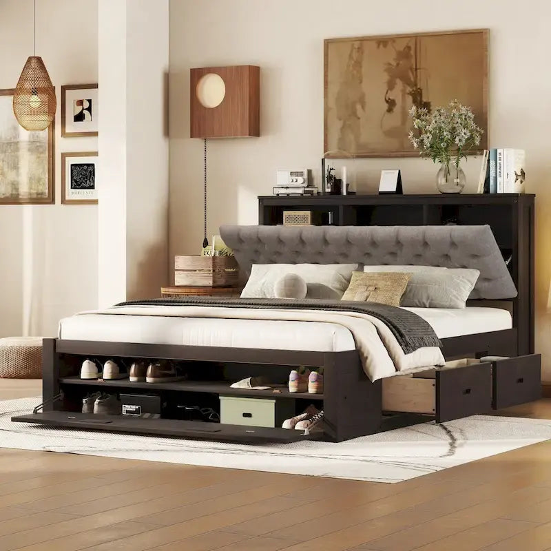Tweepersoonsbed met Opbergend Hoofdeinde, Schoenrek en 4 Lades