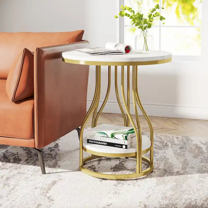 Ronde bijzettafel met 2 opbergplateaus – wit en goud