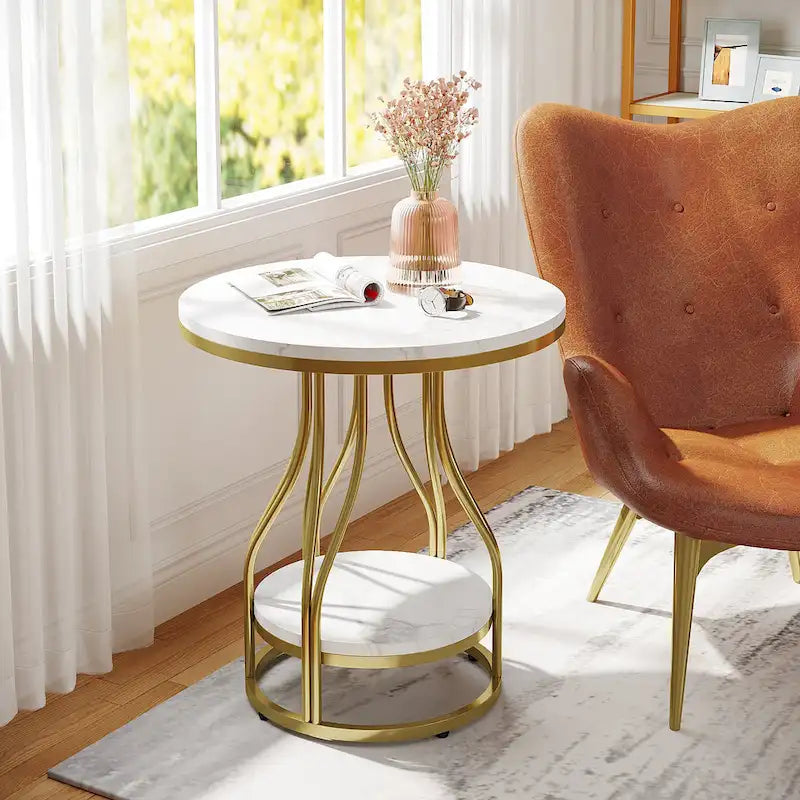 Ronde bijzettafel met 2 opbergplateaus – wit en goud