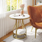Ronde bijzettafel met 2 opbergplateaus – wit en goud