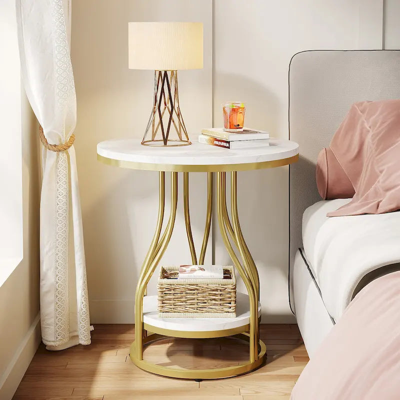 Ronde bijzettafel met 2 opbergplateaus – wit en goud