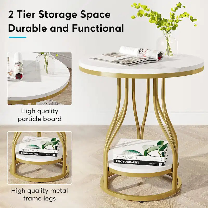 Ronde bijzettafel met 2 opbergplateaus – wit en goud