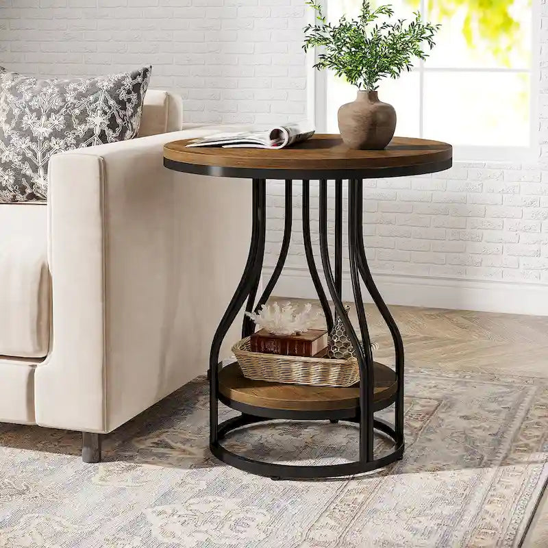 Ronde bijzettafel met 2 opbergplateaus – wit en goud