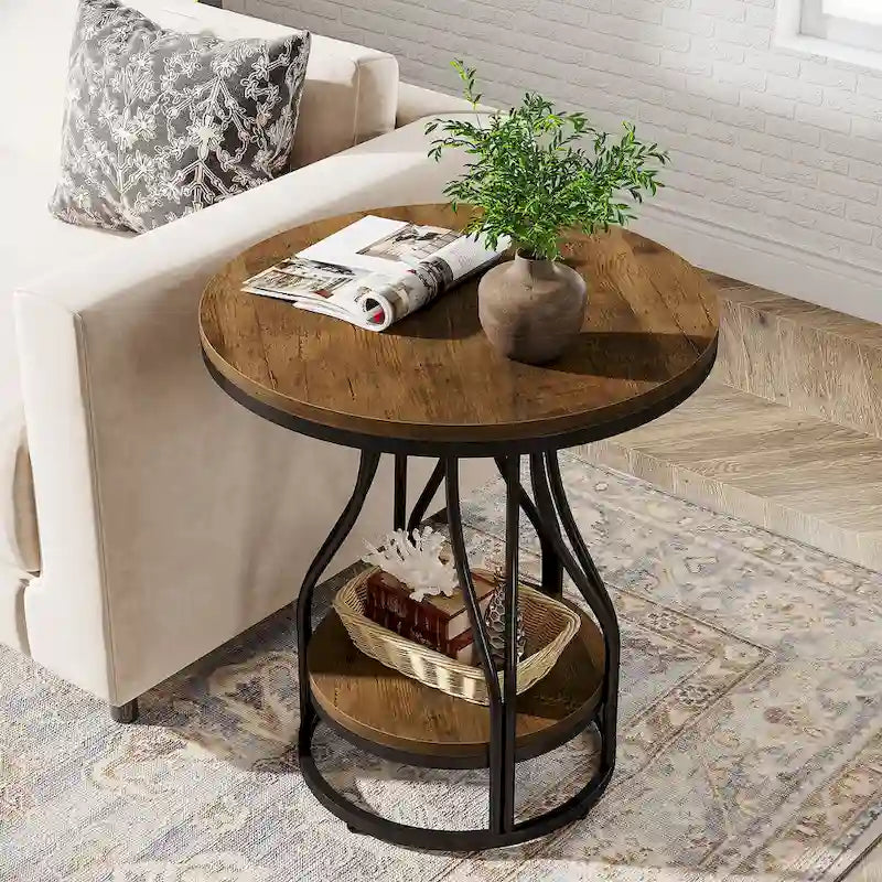 Ronde bijzettafel met 2 opbergplateaus – wit en goud