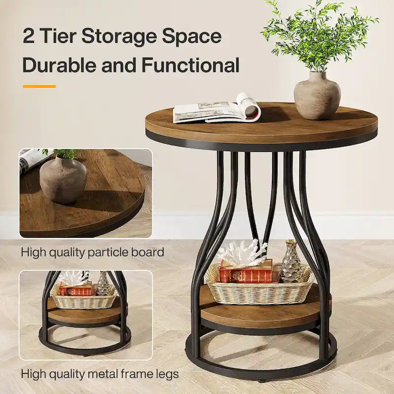 Ronde bijzettafel met 2 opbergplateaus – wit en goud