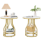 Ronde bijzettafel met 2 opbergplateaus – wit en goud