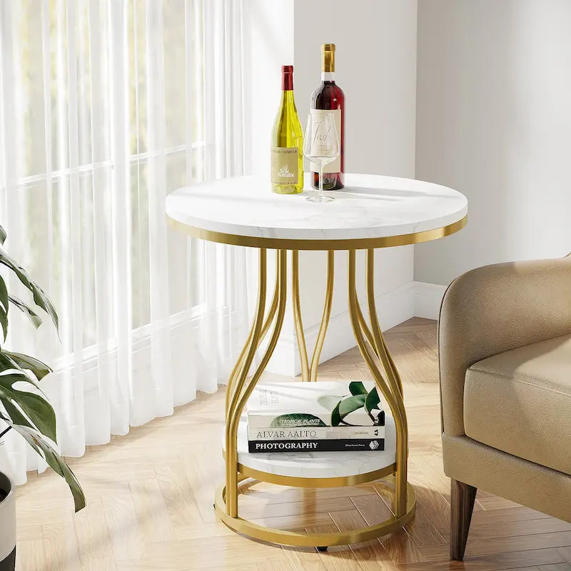 Ronde bijzettafel met 2 opbergplateaus – wit en goud