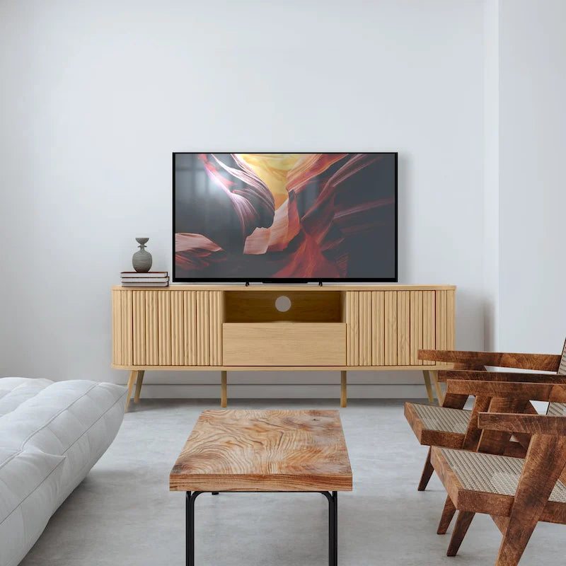 70 inch gebogen tv-meubel met lade en opbergdeuren
