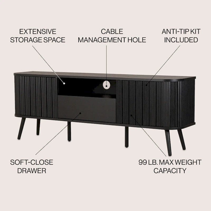 70 inch gebogen tv-meubel met lade en opbergdeuren