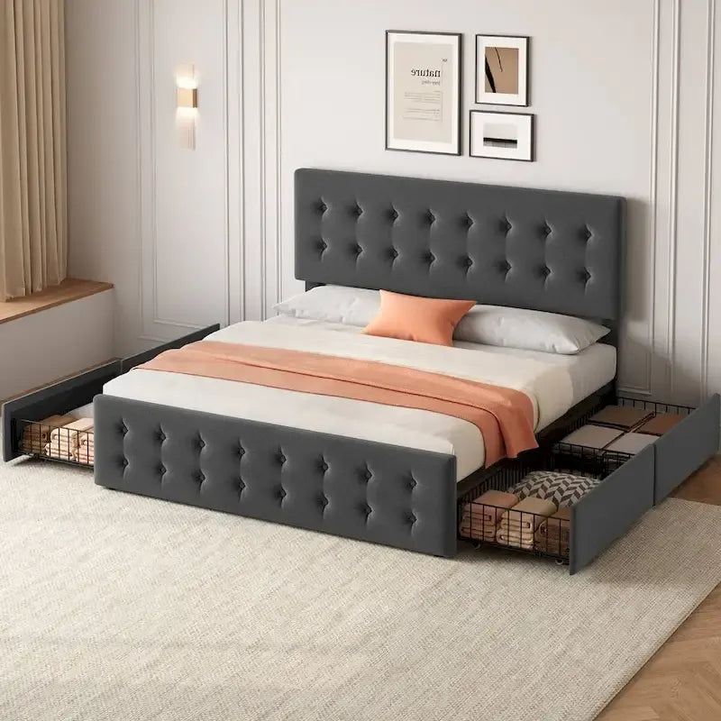 Kingsize bedframe met 4 opberglades en verstelbaar hoofdbord
