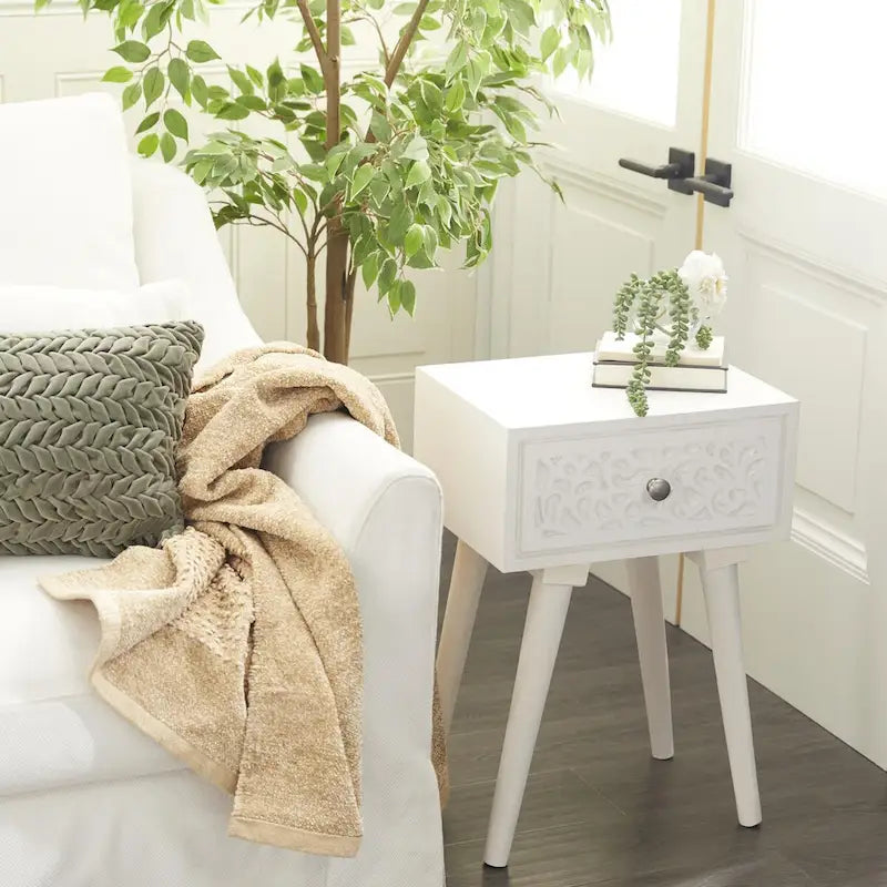 Mangohouten Bijzettafel met Eén Lade - Wit